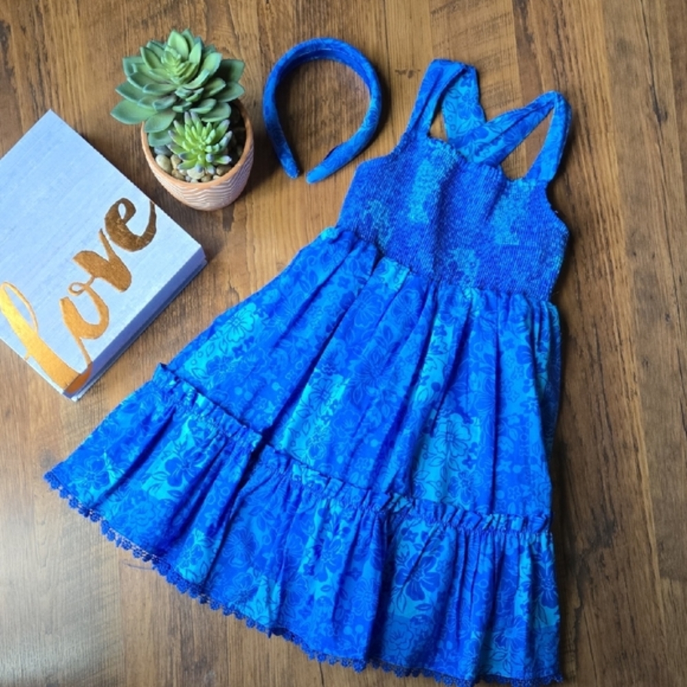 Etta Vee Blue Floral Kids Dress with Matching Headband Open Back Bow Size 6 NWOT